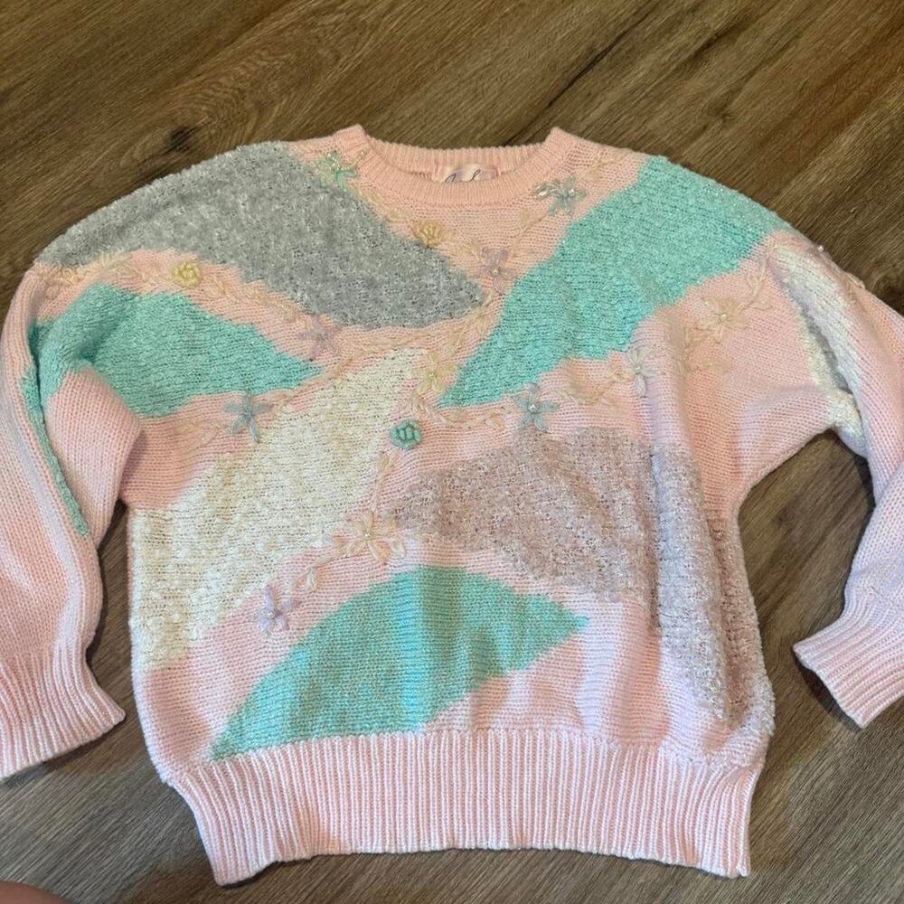 Grandma Pastel Pink Sweater Beads Shimmer Yarn LARGE